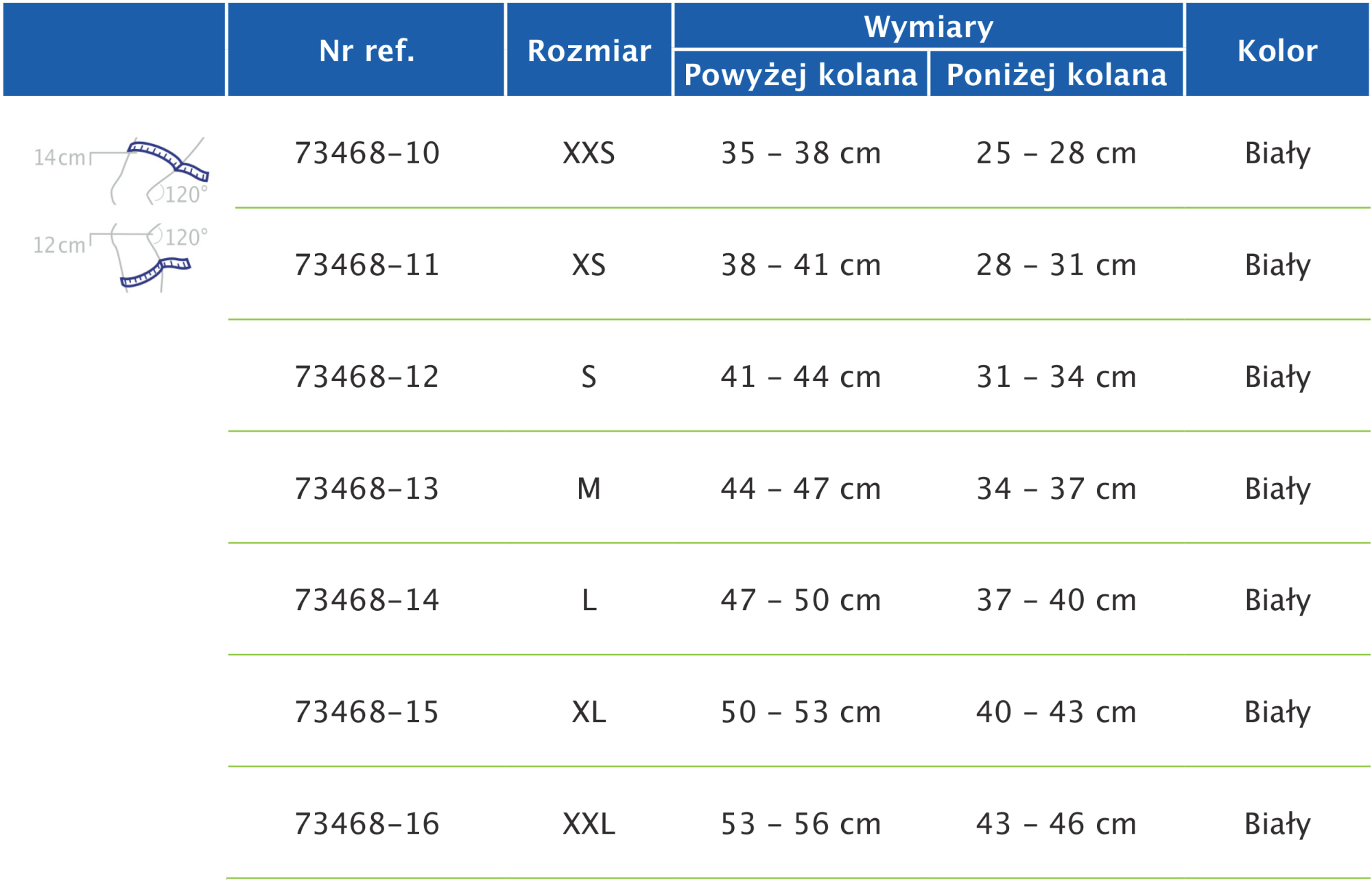 Tabela rozmiarów przedstawiająca wymiary stabilizatora stawu kolanowego Actimove Professional Line GenuMotion Tabela rozmiarów przedstawiająca wymiary stabilizatora stawu kolanowego Actimove Professional Line GenuMotion